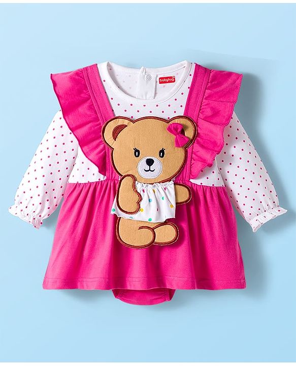 Babyhug Interlock Knit 100% Cotton Frock Style Onesies with Hairband & Teddy Patch- Dark Pink