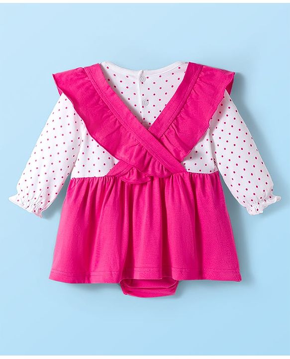 Babyhug Interlock Knit 100% Cotton Frock Style Onesies with Hairband & Teddy Patch- Dark Pink