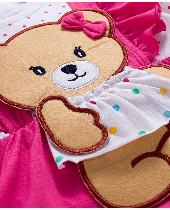 Babyhug Interlock Knit 100% Cotton Frock Style Onesies with Hairband & Teddy Patch- Dark Pink
