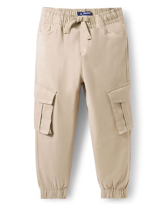 Pine Kids Cotton Elastane Woven Full Length Solid Trouser - Beige