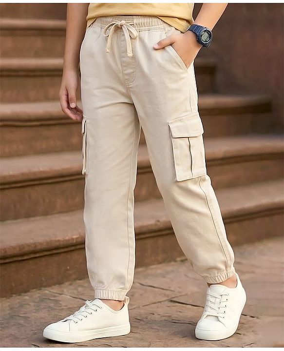 Pine Kids Cotton Elastane Woven Full Length Solid Color Trouser - Beige