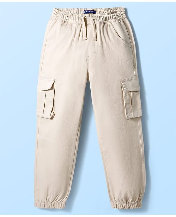 Pine Kids Cotton Elastane Woven Full Length Solid Color Trouser - Beige