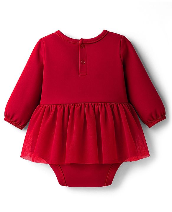 Babyhug 100% Cotton Knit Full Sleeves Frock Style Onesie With Floral Print & Bow Applique - Red