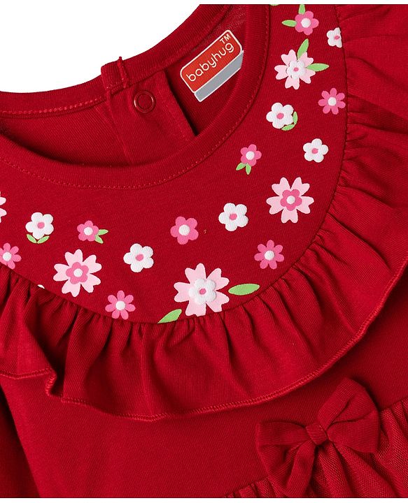 Babyhug 100% Cotton Knit Full Sleeves Frock Style Onesie With Floral Print & Bow Applique - Red