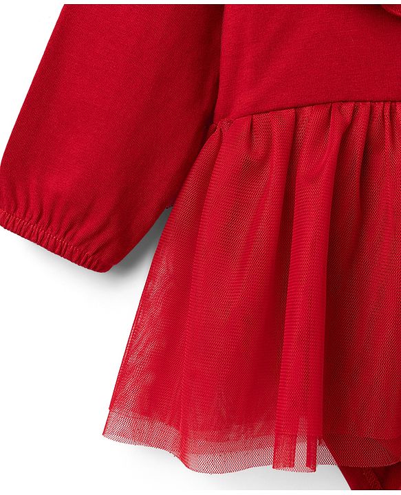 Babyhug 100% Cotton Knit Full Sleeves Frock Style Onesie With Floral Print & Bow Applique - Red