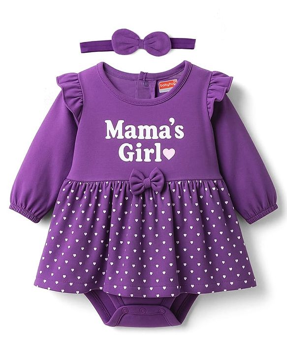 Babyhug 100% Cotton Knit Full Sleeves Heart Printed Frock Style Onesie With Bow Applique & Hairband - Violet