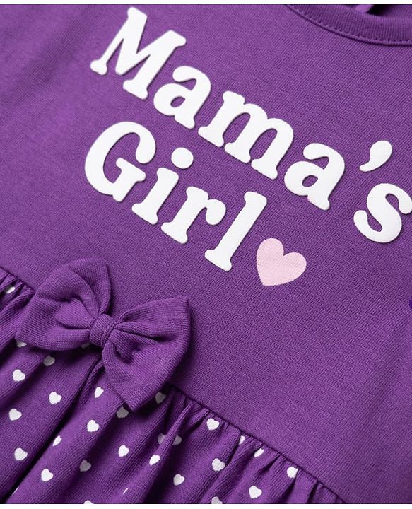 Babyhug 100% Cotton Knit Full Sleeves Heart Printed Frock Style Onesie With Bow Applique & Hairband - Violet