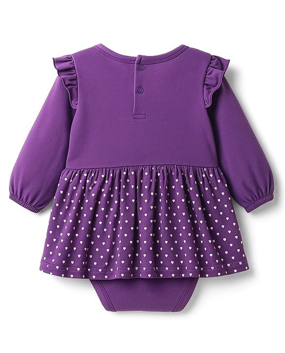 Babyhug 100% Cotton Knit Full Sleeves Heart Printed Frock Style Onesie With Bow Applique & Hairband - Violet