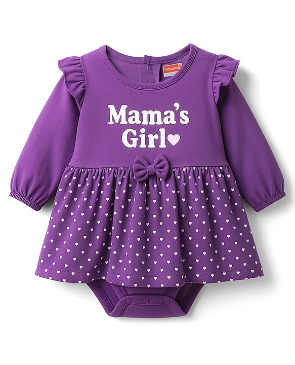 Babyhug 100% Cotton Knit Full Sleeves Heart Printed Frock Style Onesie With Bow Applique & Hairband - Violet