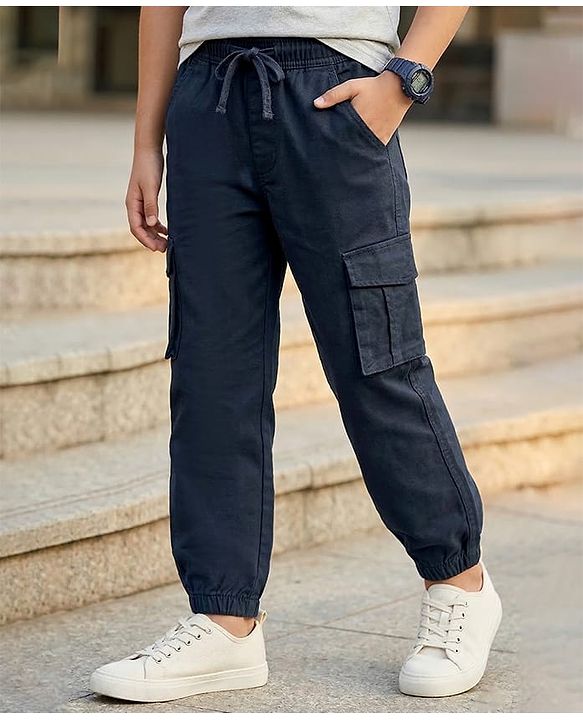 Pine Kids Cotton Elastane Woven Full Length Solid Color Trouser - Navy Blue