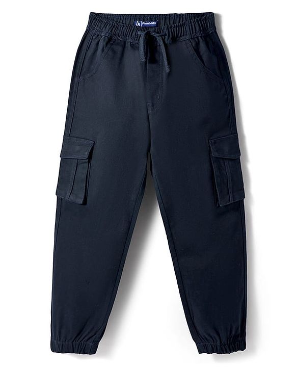 Pine Kids Cotton Elastane Woven Full Length Solid Color Trouser - Navy Blue