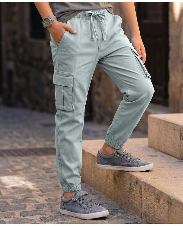 Pine Kids Cotton Woven Full Length Solid Jogger With Cargo Pockets - Light Blue