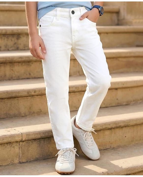 Pine Kids Denim Woven Full Length Washed Jeans - White