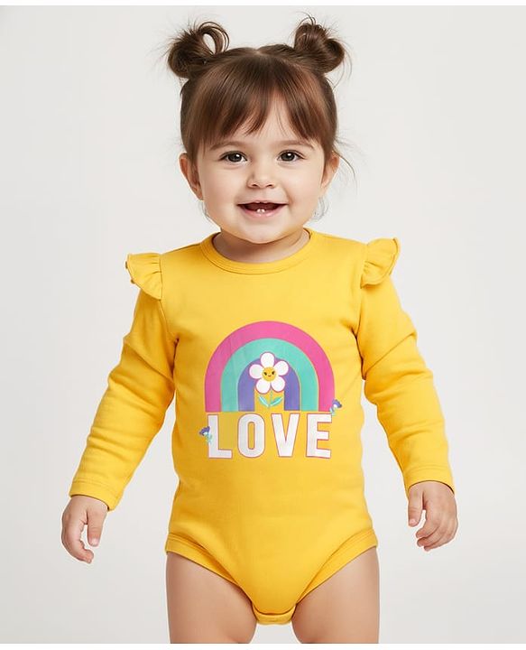 Babyhug 100% Cotton Knit Full Sleeves Onesie With Rainbow & Floral Print - Yellow