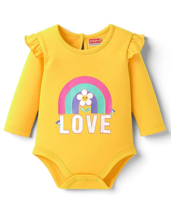 Babyhug 100% Cotton Knit Full Sleeves Onesie With Rainbow & Floral Print - Yellow