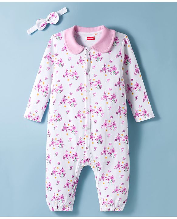 Babyhug 100% Cotton Knit Full Sleeves Romper With Floral Print & Hairband - White