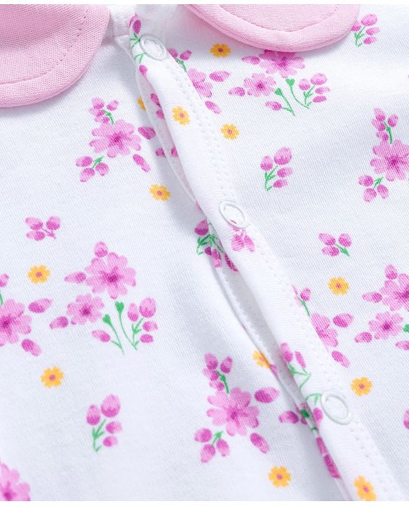 Babyhug 100% Cotton Knit Full Sleeves Romper With Floral Print & Hairband - White