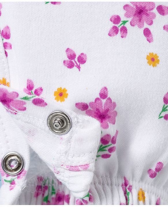 Babyhug 100% Cotton Knit Full Sleeves Romper With Floral Print & Hairband - White