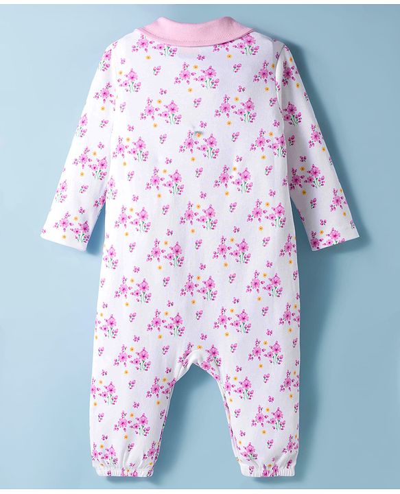 Babyhug 100% Cotton Knit Full Sleeves Romper With Floral Print & Hairband - White