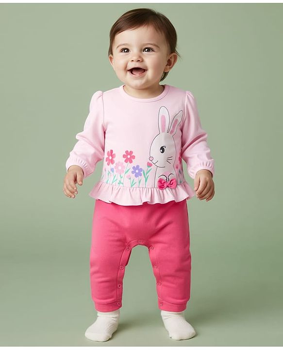 Babyhug 100% Cotton Knit Full Sleeves Romper With Bunny & Floral Print - Pink