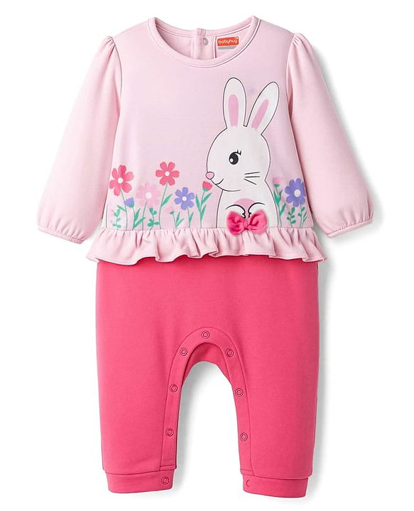 Babyhug 100% Cotton Knit Full Sleeves Romper With Bunny & Floral Print - Pink