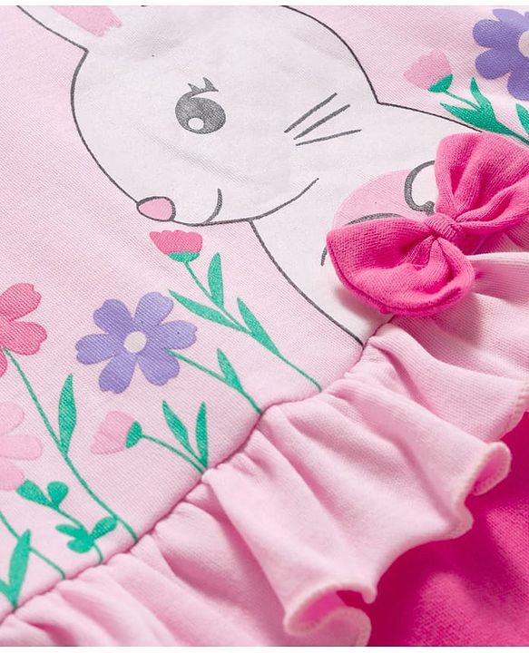 Babyhug 100% Cotton Knit Full Sleeves Romper With Bunny & Floral Print - Pink