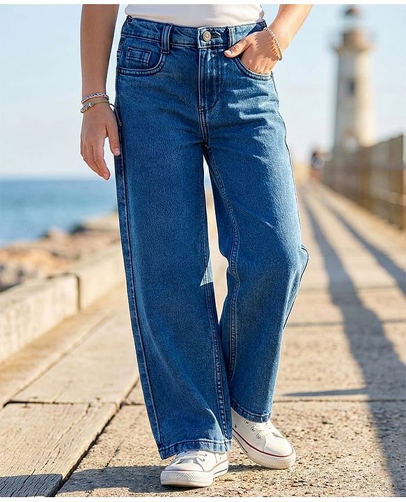 Pine Kids Denim Woven Ankle Length Washed Jeans With Pockets - Blue