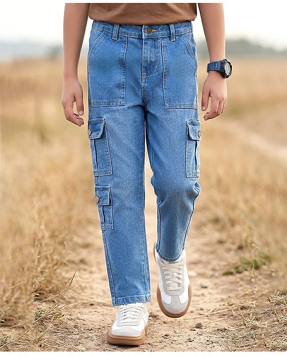 Pine Kids Woven Full Length Washed Denim Jeans - Blue