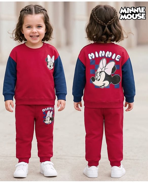 Babyhug Disney Terry Knit  Full Sleeves Sweatshirt and Track Pant Set with Minnie Mouse Graphic - Maroon