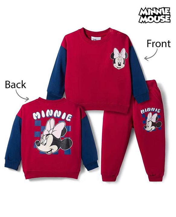 Babyhug Disney Terry Knit  Full Sleeves Sweatshirt and Track Pant Set with Minnie Mouse Graphic - Maroon