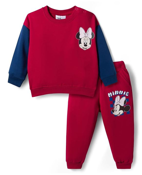 Babyhug Disney Terry Knit  Full Sleeves Sweatshirt and Track Pant Set with Minnie Mouse Graphic - Maroon