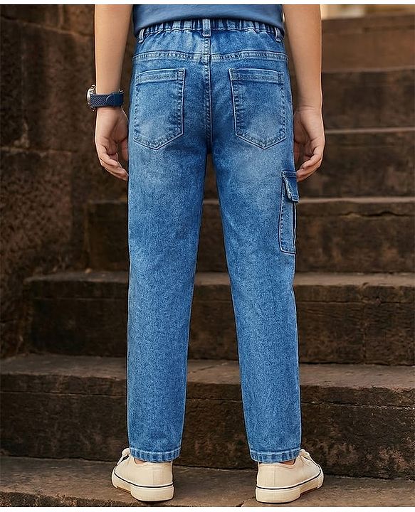 Pine Kids Denim Woven Full Length Solid Color Jeans with Cargo Pockets - Blue