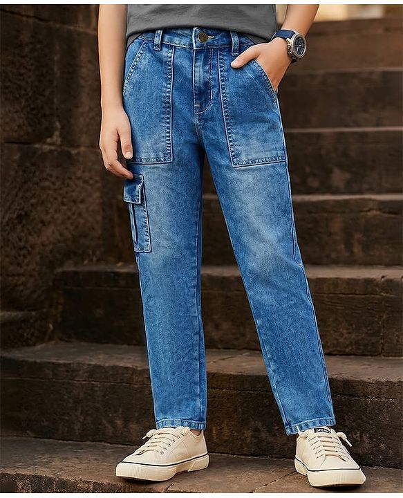 Pine Kids Denim Woven Full Length Solid Color Jeans with Cargo Pockets - Blue