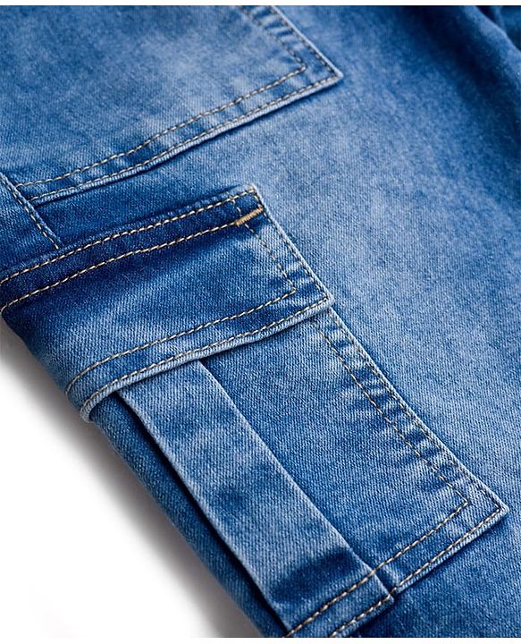 Pine Kids Denim Woven Full Length Solid Color Jeans with Cargo Pockets - Blue