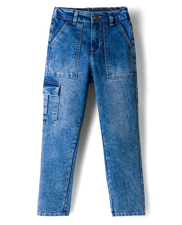 Pine Kids Denim Woven Full Length Solid Color Jeans with Cargo Pockets - Blue