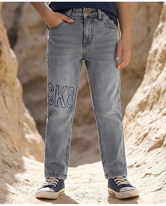 Pine Kids Denim Woven Full Length Jeans With Text Print - Grey