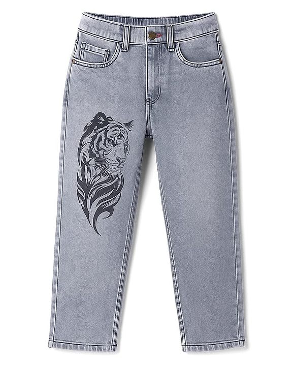 Pine Kids Denim Woven Full Length Jeans With Tiger Print - Grey
