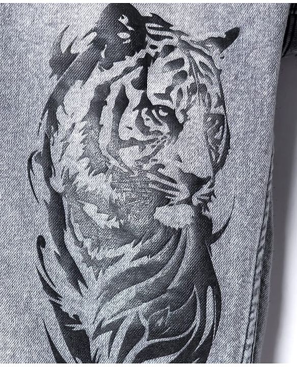 Pine Kids Denim Woven Full Length Jeans With Tiger Print - Grey