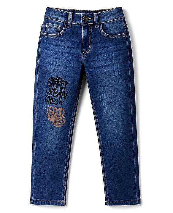 Pine Kids Denim Woven Full Length Jeans With Text Print - Blue