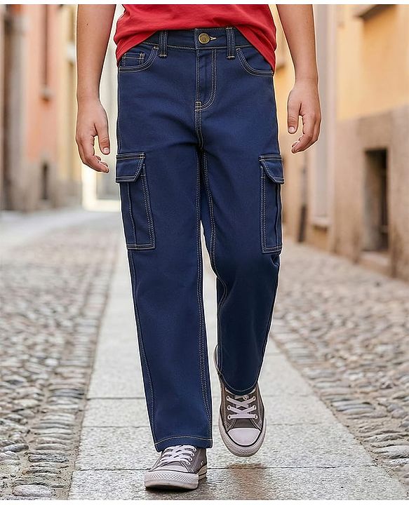 Pine Kids Denim Woven Full Length Washed Jeans With Cargo Pocket - Blue