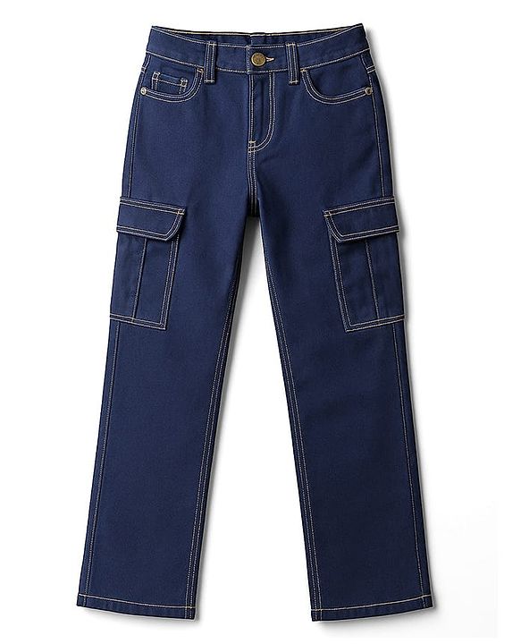 Pine Kids Denim Woven Full Length Washed Jeans With Cargo Pocket - Blue