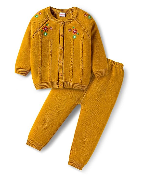 Babyhug Knitted Full Raglan Sleeves Sweater Set With Floral Embroidery - Yellow