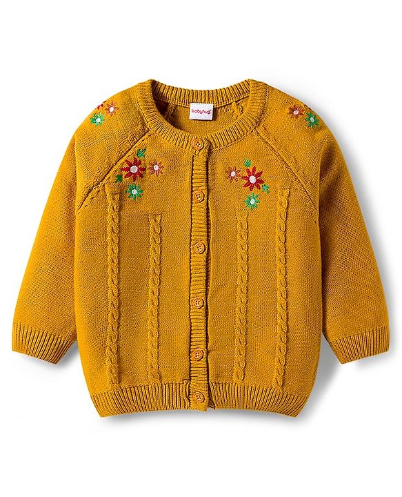 Babyhug Knitted Full Raglan Sleeves Sweater Set With Floral Embroidery - Yellow