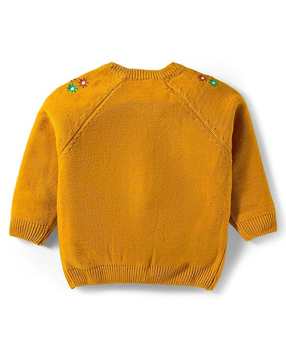 Babyhug Knitted Full Raglan Sleeves Sweater Set With Floral Embroidery - Yellow