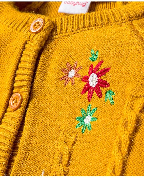 Babyhug Knitted Full Raglan Sleeves Sweater Set With Floral Embroidery - Yellow