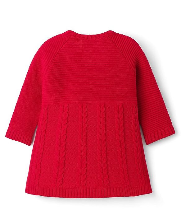 Babyhug Knit Full Sleeves Woollen Dress with Floral Embroidery & Cable Knit Design - Coral