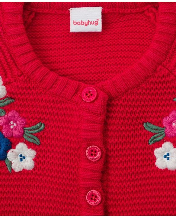 Babyhug Knit Full Sleeves Woollen Dress with Floral Embroidery & Cable Knit Design - Coral