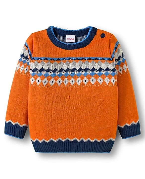 Babyhug Knit Full Sleeves Sweater Set With Aztec Design - Orange & Navy  Blue