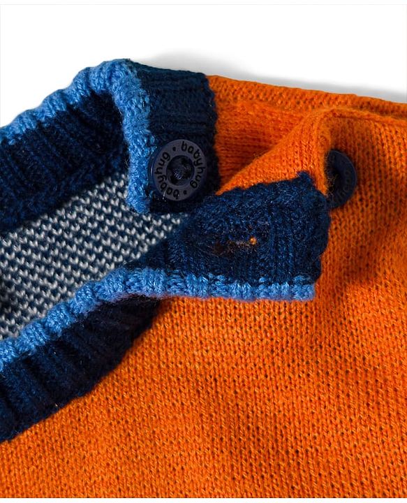 Babyhug Knit Full Sleeves Sweater Set With Aztec Design - Orange & Navy  Blue
