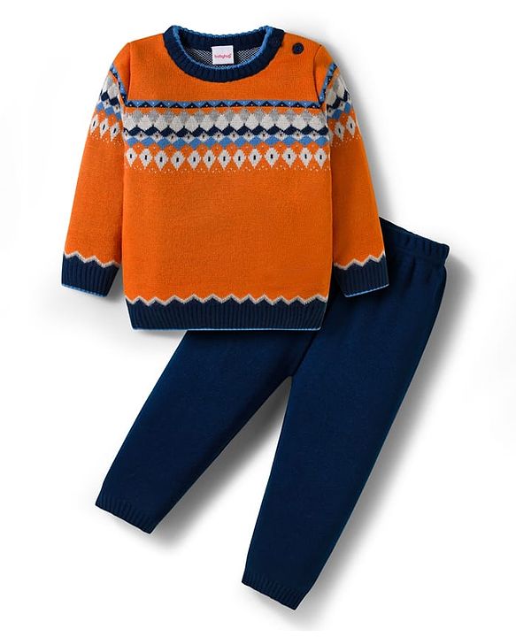 Babyhug Knit Full Sleeves Sweater Set With Aztec Design - Orange & Navy  Blue